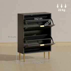 Sapateira 60 x 24 x 91,5 cm com capacidade para 12 pares, com 2 gavetas rebatíveis, portas caneladas e prateleiras ajustáveis, preto