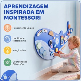 Quadro Sensorial Montessori Baleia Busy Board 13 em 1 para Crianças +2 Anos, Azul