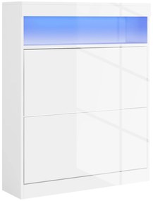 HOMCOM Móvel Sapateira de Entrada com Luzes LED Prateleira Aberta e 2 Gavetas Basculantes para 16 Pares 80x24x100 cm Branco Brilhante | Aosom Portugal