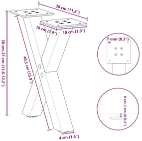 Pés para mesa de centro em formato de X, 2 peças, branco, 30x(30-31) c