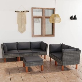 6 pcs conjunto lounge de jardim c/ almofadões vime PE cinzento