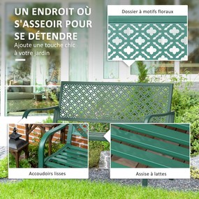 Banco de jardim de exterior em aço com encosto com padrão floral para 2 pessoas, 127 x 63 x 83 cm, verde escuro