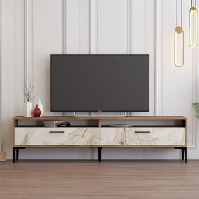 Móvel de TV Istanbul – Nogueira e Mármore Branco – 180x35x47 cm