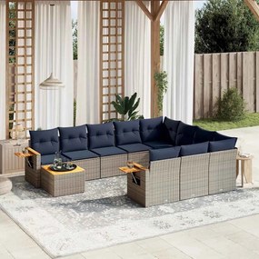 11 pcs conjunto sofás de jardim c/ almofadões vime PE cinzento