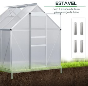 Outsunny Estufa de Jardim de Policarbonato e Alumínio Estufa de Exterior com Porta Corredeira e 2 Clarobóias para Cultivo de Plantas Sementes 190x190x200cm Transparente