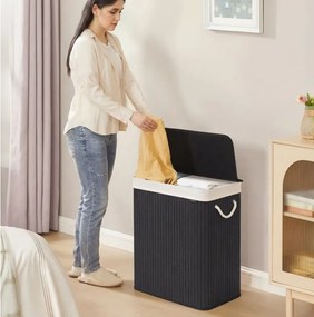 Cesto da roupa suja com 2 compartimentos, 100 L, com tampa, saco de bambu preto