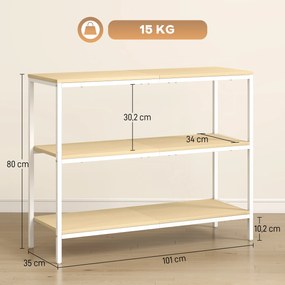 Mesa Consola Estreita Consola de Entrada Moderna com 3 Prateleiras Abertas e Pés de Metal 101x35x80 cm Madeira e Branco