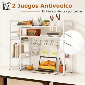Estante de secretária sobre mesa com 4 níveis e compartimento aberto na parte traseira, 6 ganchos  94 x 25 x 73,5 cm branca