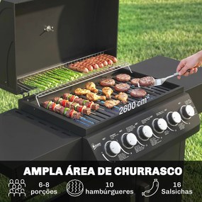 Grelhador a Gás com 6 Queimadores 15 kW Termómetro Armário Grelha de Aquecimento Bandeja de Recolha de Gordura 2 Rodas 135x51x101 cm Preto