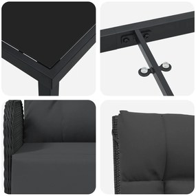 Conjunto de Jantar de Jardim com Almofadas Preto Vime PE