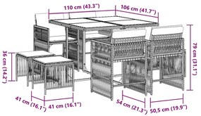 9 pcs conjunto de jantar p/ jardim c/ almofadões vime PE preto