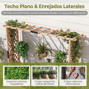 Floreira elevada 196 x 44 x 182 cm em madeira de abeto com treliça, 2 painéis, teto plano, 2 vasos e sistema de drenagem, para jardim, terraço ou páti