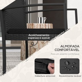 Conjunto de Móveis de Jardim de Vime Sintético Conjunto de 1 Mesa e 2 Cadeiras com Almofadas e Apoio para os Braços Preto