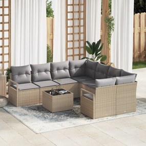 Conjunto de Sofá para Jardim de 9 Peças com Almofadas Bege de Rattan P