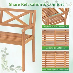 Banco de jardim de acácia de 2 lugares com encosto, 56 x 119 x 80 cm braços e assento em ripas, com capacidade para 360 kg, Natural