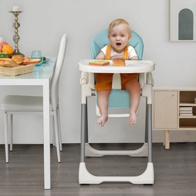 HOMCOM Cadeira de refeição ajustável e dobrável para bebê acima de 6 meses com bandeja dupla Cadeira de refeição portátil Reclinável com 2 rodas e freios 55x80x104 cm