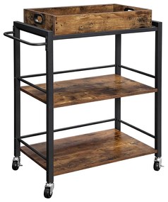 Carrinho de cozinha VASAGLE com bandeja removível, carrinho para servir, rodízios universais com freios, pés niveladores, estrutura de aço, prateleira de cozinha, 65 x 40 x 86 cm, marrom rústico LRC72X