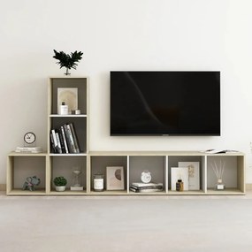 3 pcs conjunto móveis de TV contraplacado branco e carv. sonoma