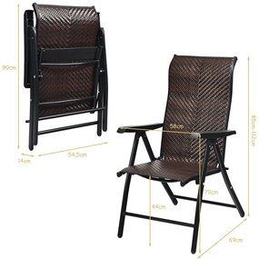 Cadeira de jardim dobrável de rattan Cadeira de vime portátil de altura ajustável para jardim, varanda, exterior 69 x 58 x 85-112 cm Castanho