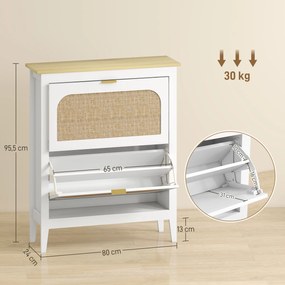 Sapateira Estreita com 2 Portas em Vime e Prateleiras Ajustáveis para 14 Pares de Sapatos 105x24x95,5 cm Branco