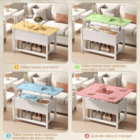 Mesa de Centro Elevável e Extensível, 100 x 90 x 63,5 cm, Tampo Duplo Ajustável, Branca