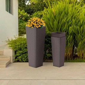 Conjunto de 2 vasos jardim em rattan, 2 peças, vasos grandes para exterior com orifícios de drenagem removíveis, Café