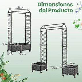 Floreira de jardim 81 x 40 x 162 cm com rega automática, com treliça e rodas bloqueáveis em rattan para plantas trepadeiras, tomates ou flores, cinza