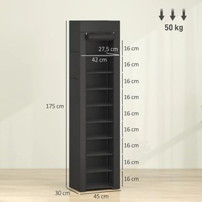 Sapateira com capacidade 45 x 30 x 175 cm para 20 pares e 10 níveis, organizador de sapatos em metal com capa anti pó, preto