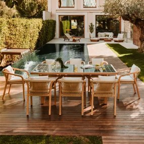 Conjunto De Mesa Retangular 200x100 Cm E 8 Cadeiras De Jardim Em Madeira De Acácia Dubai Verde Escuro & Tecido Gardénia Branco - Sklum
