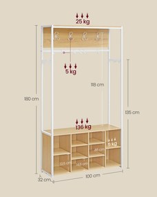 Armario entrada com cabide moderno com sapateira 32 x 100 x 180 cm e compartimentos abertos em cor de carvalho e branco