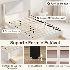 Cama Estofada 140x200 cm (COLCHÃO NÃO INCLUIDO) com Cabeceira Acolchoada Gaveta de Arrumação e Ripas de Madeira Bege