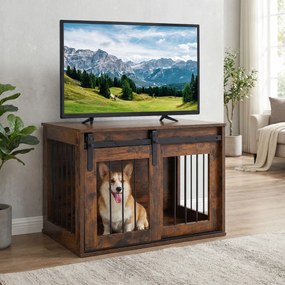 Gaiola para cães com porta de correr 80 x 54 x 57 cm, estilo celeiro, Estrutura metálica com acabamento em madeira, para cães de pequeno e médio porte