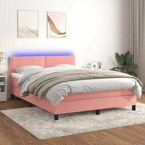 Cama box spring c/ colchão/LED 140x200 cm veludo rosa