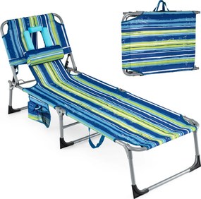 Espreguiçadeira dobrável para exterior, reclinável, com orifícios, apoio para o rosto, braços e encosto ajustável, bolsos, portátil, para praia e pisc