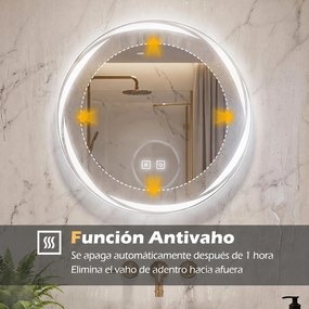 Espelho de Casa de Banho Redondo, 50 x 50 x 3 cm, Iluminação LED com Controlo Tátil, Cinzento prateado