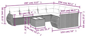 10 pcs conjunto sofás de jardim c/ almofadões vime PE cinzento