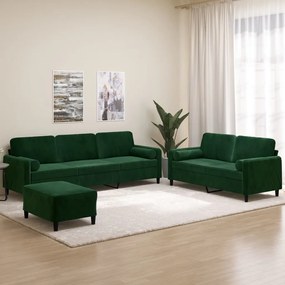 vidaXL 3pcs conjunto sofás c/ almofadas/almofadões veludo verde-escuro