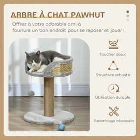 Arranhador para gatos 40 x 40 x 49 cm para trepar brinquedo com pompom suspenso + plataforma de pelúcia, juta cinzenta