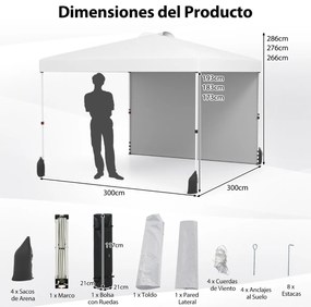 Tenda Pop up de 3 x 3 m com parede lateral para jardim, festas, feiras, eventos com 4 pesos areia, portátil com bolsa enrolável branca