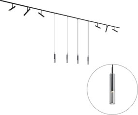 Sistema de iluminação de trilho moderno preto com 6 focos e 4 luzes pendentes pretas 1-fase - Slimline Avery Loyce