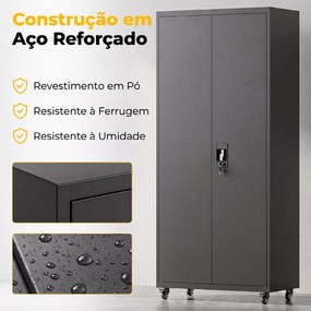 Armário de Ferramentas em Aço 180 cm com Rodas Amovíveis Prateleiras Ajustáveis e Carga 250 kg para Garagem Preto