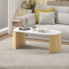 Mesa de centro oval 110 x 50 x 40 cm, mesa auxiliar com efeito de mármore, cantos arredondados e pés grossos, branca e castanha