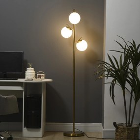 Candeeiro de pé para sala de estar em metal com 3 abajures esféricos brancos em vidro fosco, 40 W, Ø 27 x 169 cm (altura), acabamento dourado