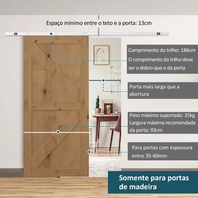 Ferragem para Porta Corredeira 186cm Kit de Acessórios para Porta Corredeira de Madeira com Trilho de Metal e 2 Roldanas Prata