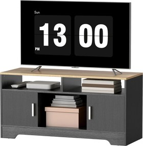 Móvel de televisão 105 x 40 x 52 cm com 2 compartimentos abertos, 2 armários com portas e um armário aberto, com efeito de madeira preta