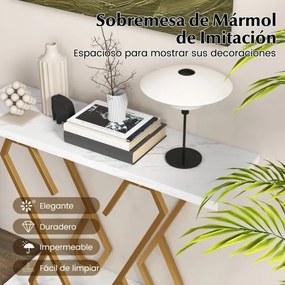 Mesa Consola de entrada em mármore artificial Mesa de consola moderna com tampo em mármore e estrutura metálica para sofá 100 x 30 x 79 cm Branco