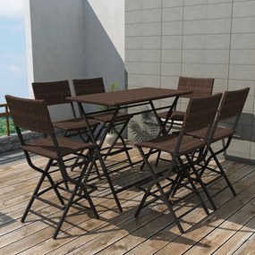 vidaXL 7 pcs conjunto de jantar dobrável jardim aço e vime PE castanho