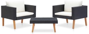 3 pcs conjunto lounge para jardim c/ almofadões vime PE preto