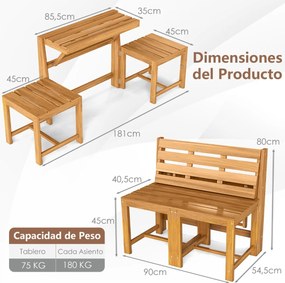 Banco de madeira de acácia 3 em 1, convertível em mesa e cadeiras + estante para plantas multifuncional para terraço e jardim, com um estilo natural