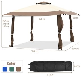 Pérgola 3 x 3 M Pop Up com Telhado de 2 Níveis 2 Tecido Oxford 3 Alturas Ajustáveis para jardim Castanho e Bege